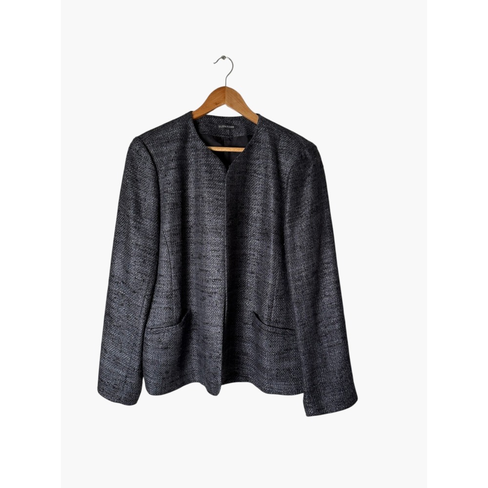 Eileen Fisher Silk Blend Textured Open Front Blazer Charcoal Grey, Sz Large